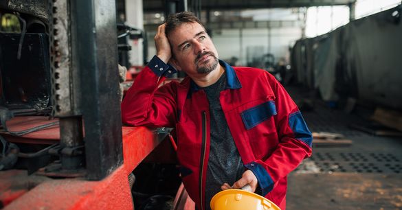 Burnout gefährdeter Handwerker mit einem Schutzhelm in der Hand lehnt erschöpft an einer Industrieanlage